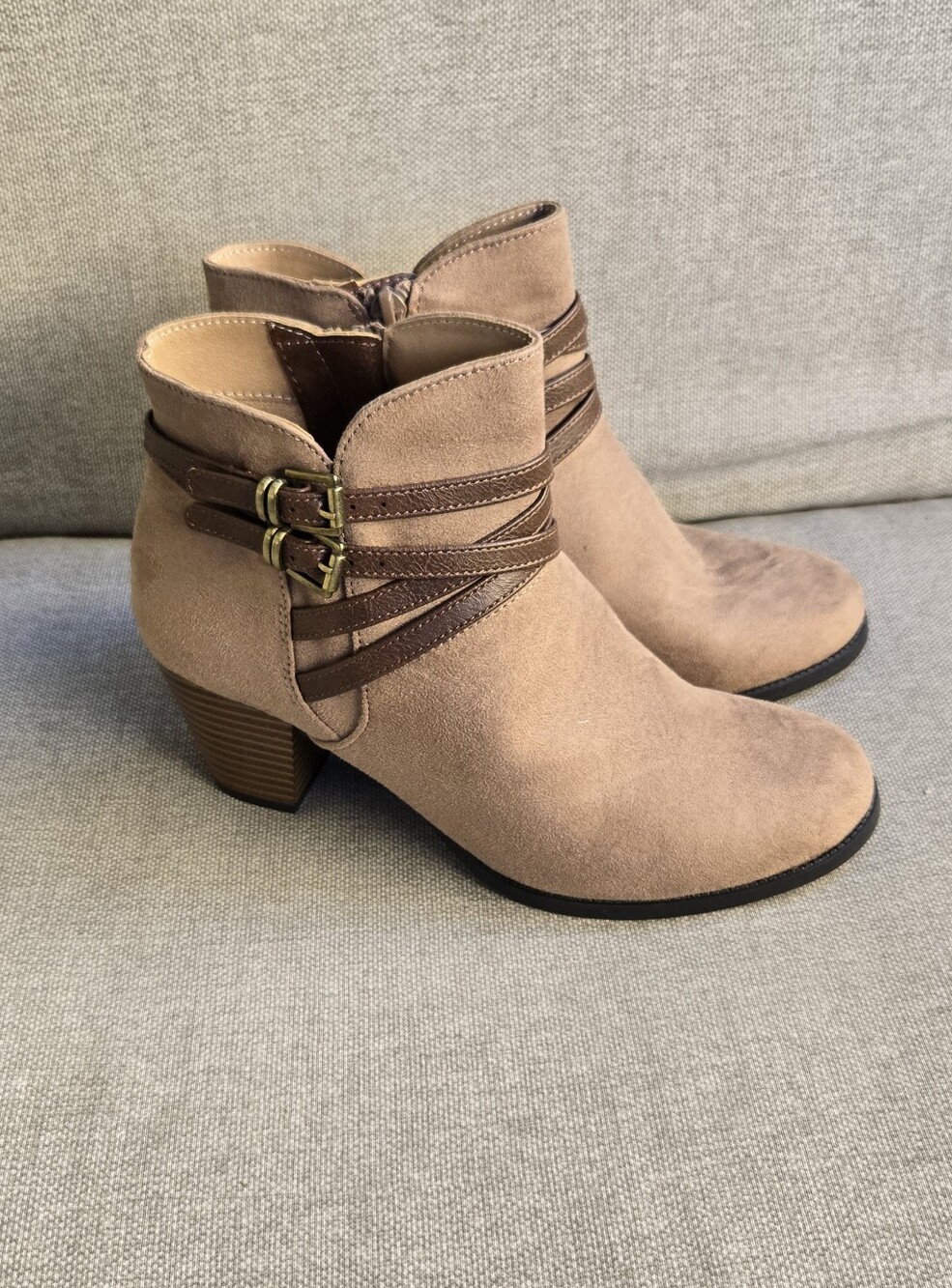 Life stride Jezebel Taupe Ankle Booties with Double Buckle Straps